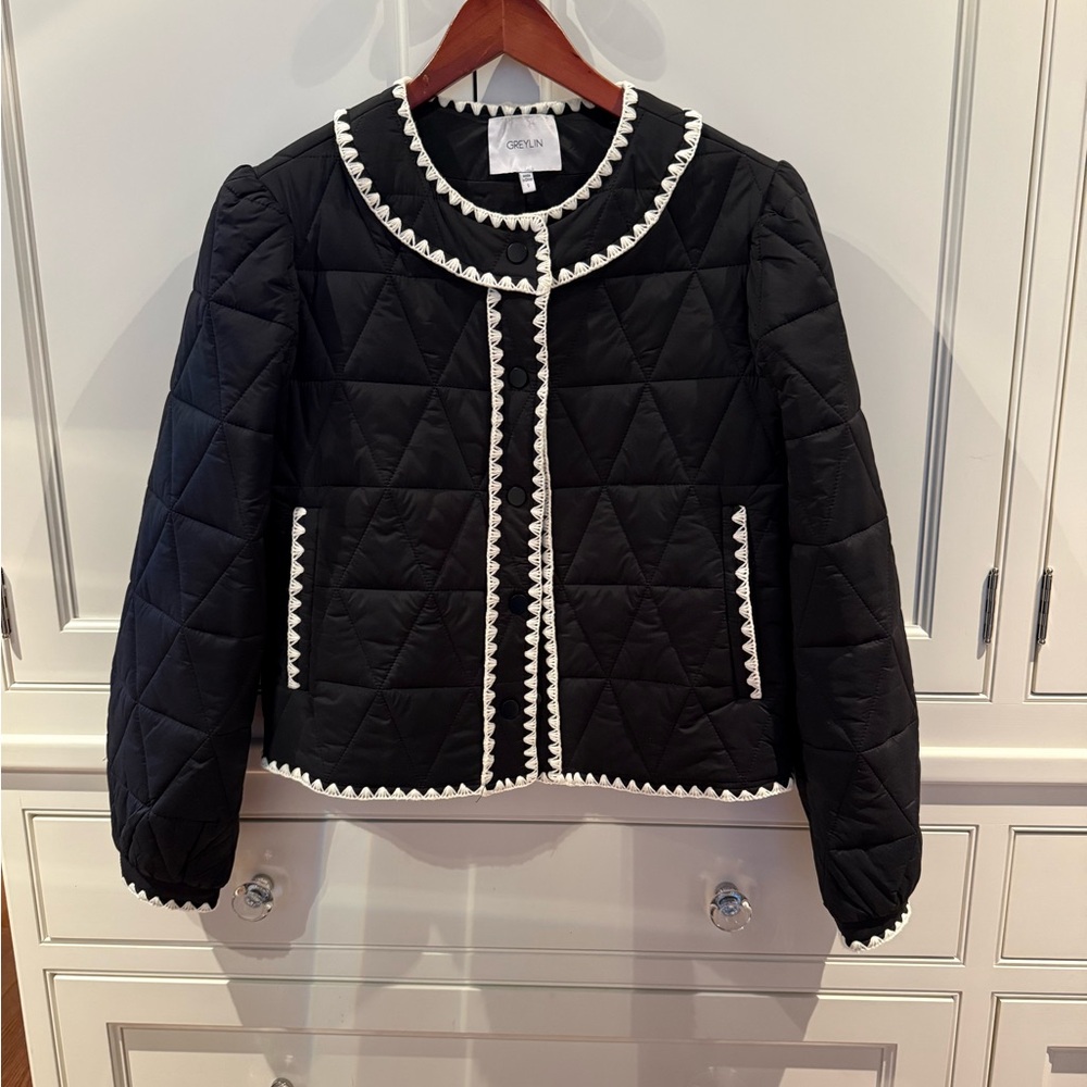 NWOT Greylin Black Quilted Jacket with White Trim